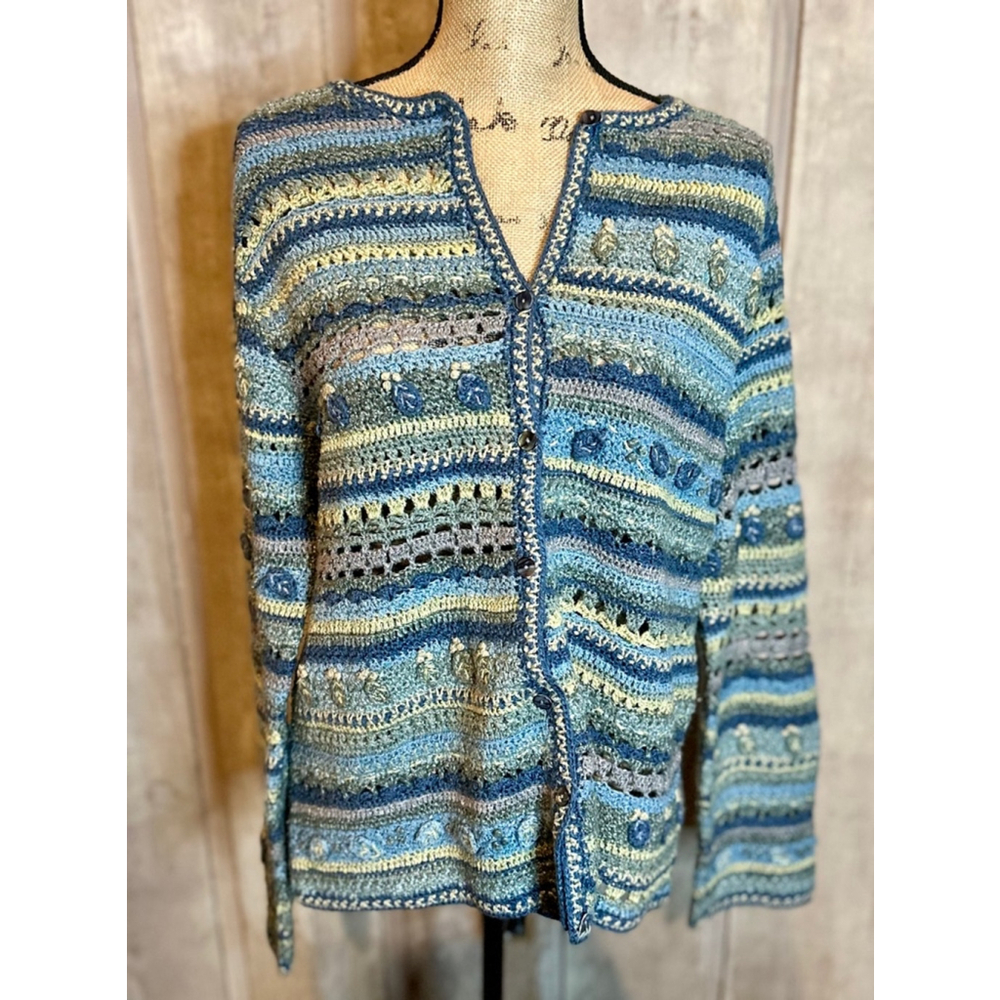 Vintage David Brooks Cardigan XL Blue Yellow Knit CottageCore Grannycore
